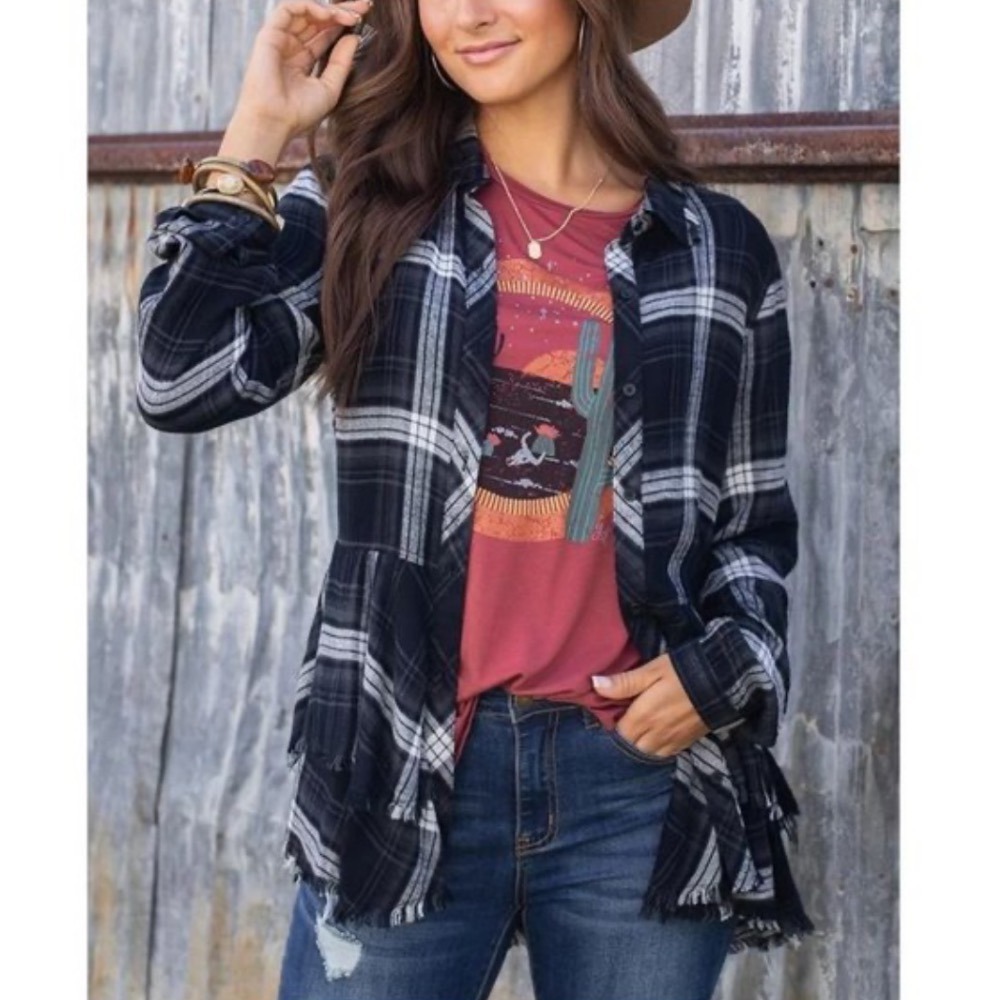 Anthropologie Cloth Stone Plaid Peplum Flannel Shirt Y2X Womens Sz XS Button Up